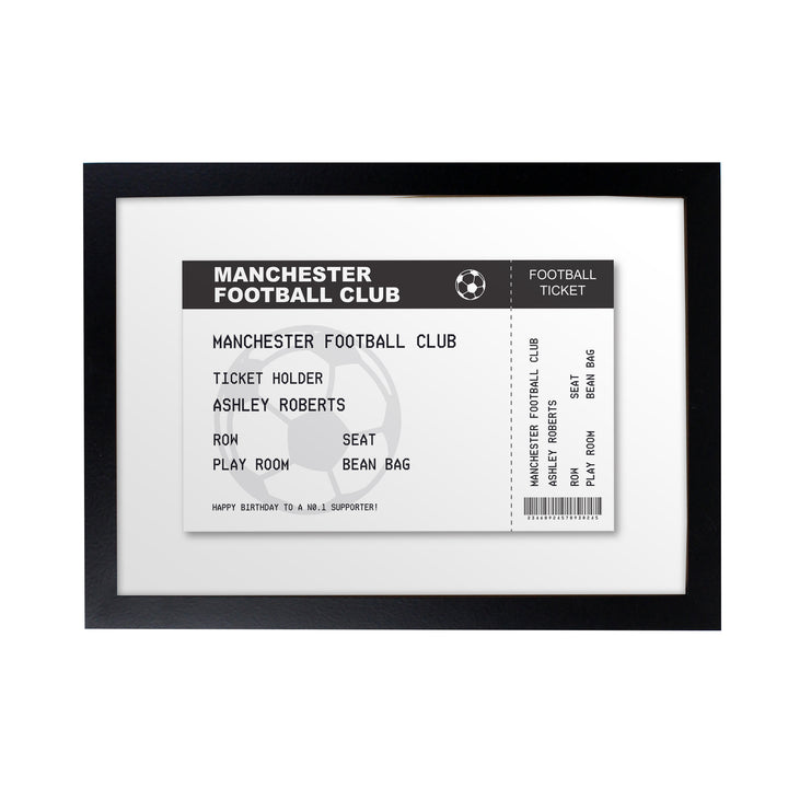 Buy Personalised Football Ticket A4 Black Framed Print available now at www.giftsfinder.co.uk