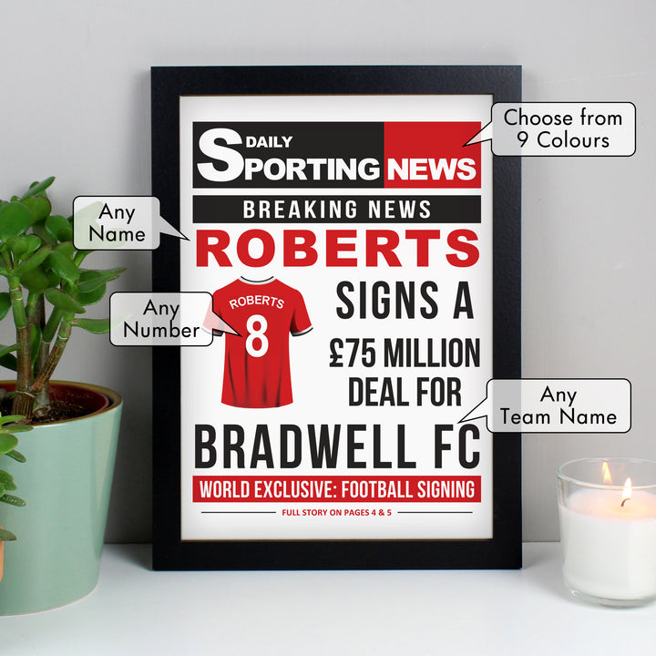 Buy Personalised Football Signing Newspaper A4 Black Framed Print available now at www.giftsfinder.co.uk