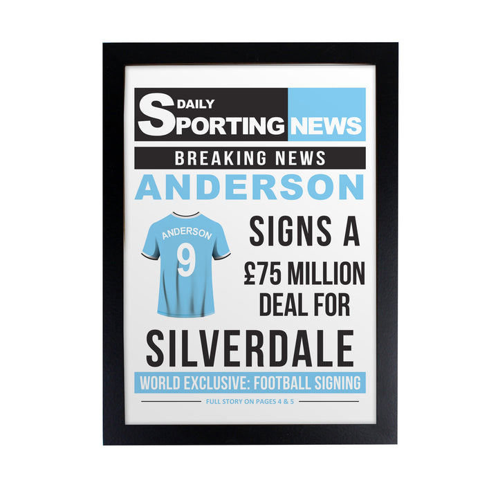 Buy Personalised Football Signing Newspaper A4 Black Framed Print available now at www.giftsfinder.co.uk