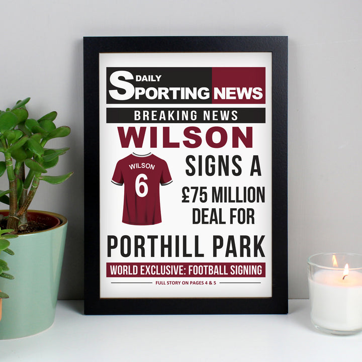 Buy Personalised Football Signing Newspaper A4 Black Framed Print available now at www.giftsfinder.co.uk