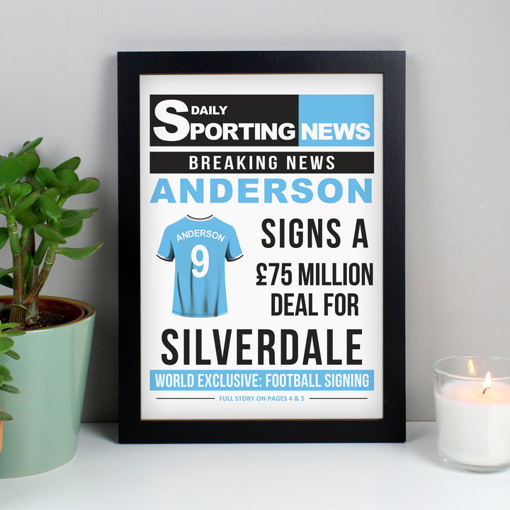 Buy Personalised Football Signing Newspaper A4 Black Framed Print available now at www.giftsfinder.co.uk