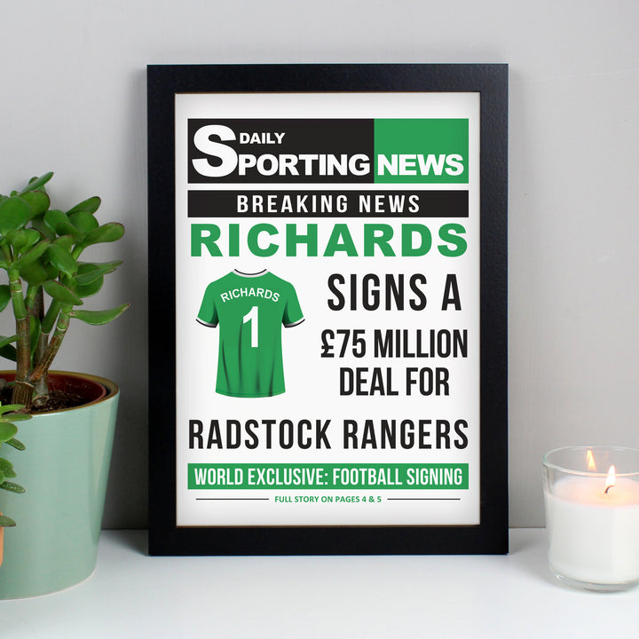 Buy Personalised Football Signing Newspaper A4 Black Framed Print available now at www.giftsfinder.co.uk