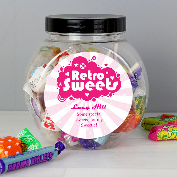 Personalised Retro Pink Sweet Jar in gift category Personalised Sweet Jars