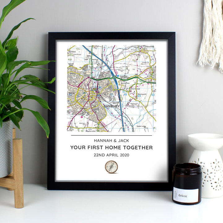 Buy Personalised Present Day Map Compass Black Framed Print at www.giftsfinder.co.uk