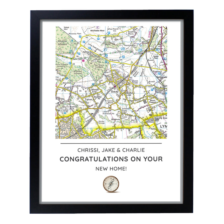 Buy Personalised Present Day Map Compass Black Framed Print at www.giftsfinder.co.uk