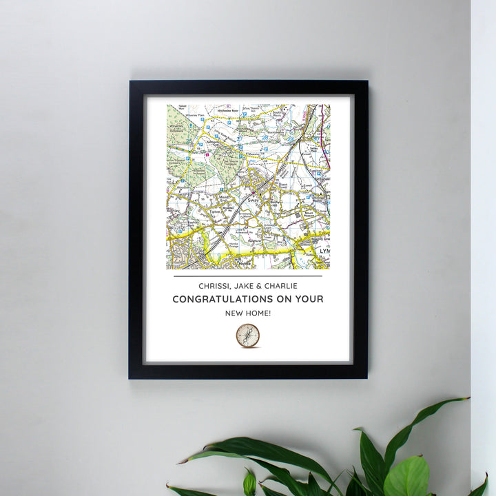 Buy Personalised Present Day Map Compass Black Framed Print at www.giftsfinder.co.uk