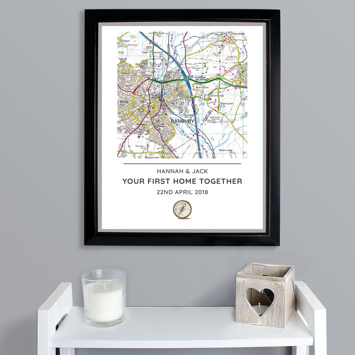 Buy Personalised Present Day Map Compass Black Framed Print at www.giftsfinder.co.uk