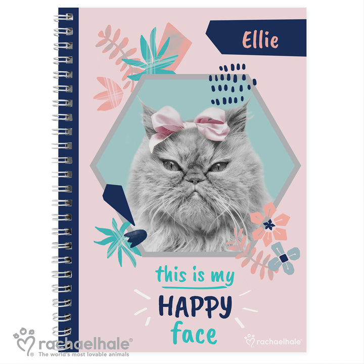 Buy Personalised Rachael Hale 'Happy Face' Cat A5 Notebook at www.giftsfinder.co.uk