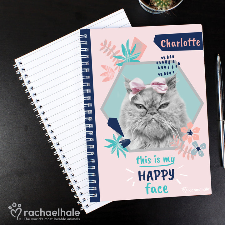 Buy Personalised Rachael Hale 'Happy Face' Cat A5 Notebook at www.giftsfinder.co.uk