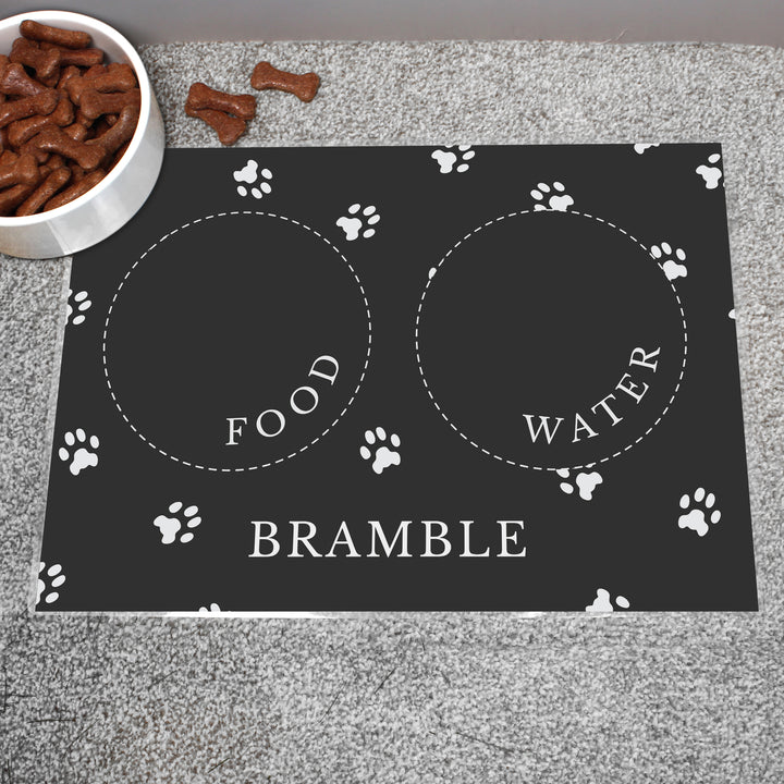 Buy Personalised Black Pet Bowl Mat available now at www.giftsfinder.co.uk