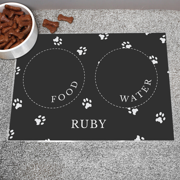 Buy Personalised Black Pet Bowl Mat available now at www.giftsfinder.co.uk