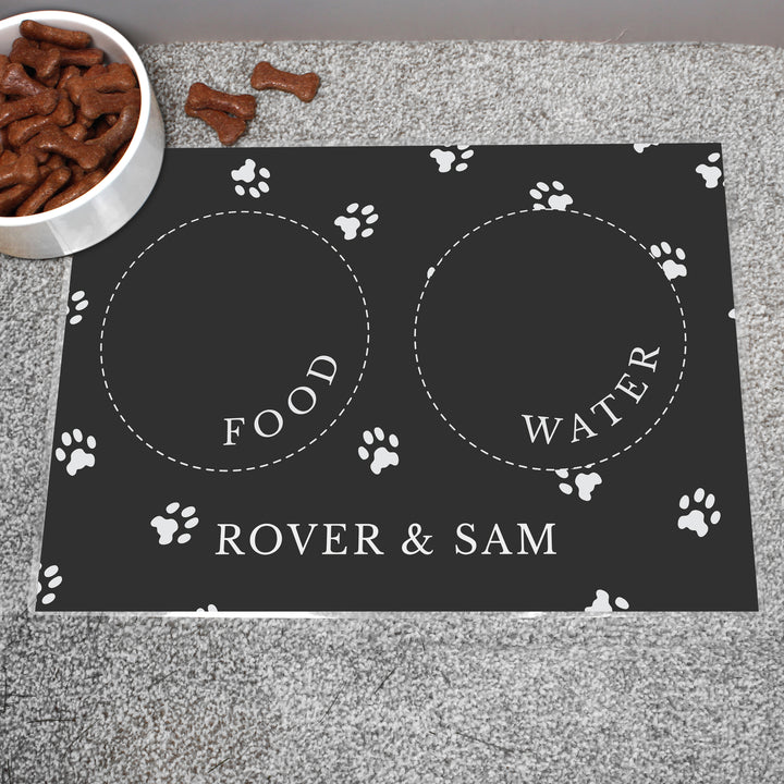 Buy Personalised Black Pet Bowl Mat available now at www.giftsfinder.co.uk