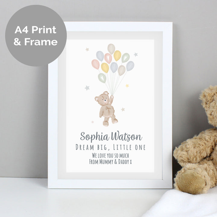 Buy Personalised Teddy & Balloons A4 White Framed Print at www.giftsfinder.co.uk