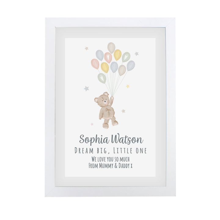 Buy Personalised Teddy & Balloons A4 White Framed Print at www.giftsfinder.co.uk