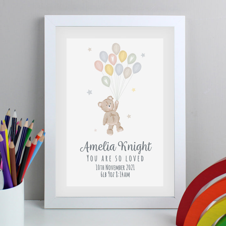 Buy Personalised Teddy & Balloons A4 White Framed Print at www.giftsfinder.co.uk