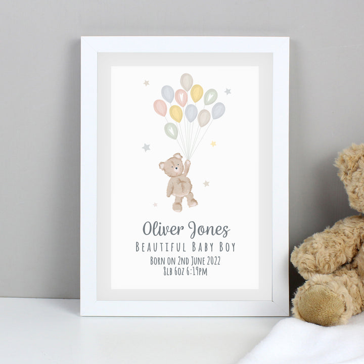 Buy Personalised Teddy & Balloons A4 White Framed Print at www.giftsfinder.co.uk