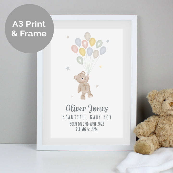 Buy Personalised Teddy & Balloons A3 White Framed Print at www.giftsfinder.co.uk