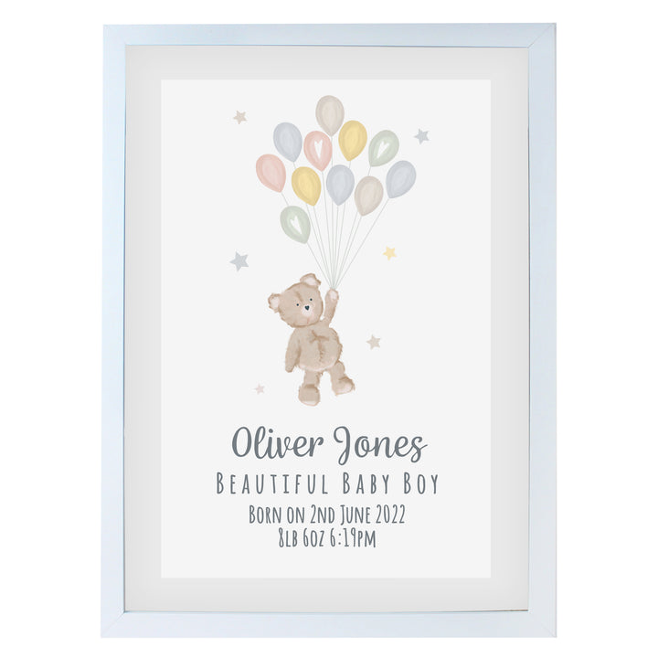 Buy Personalised Teddy & Balloons A3 White Framed Print at www.giftsfinder.co.uk