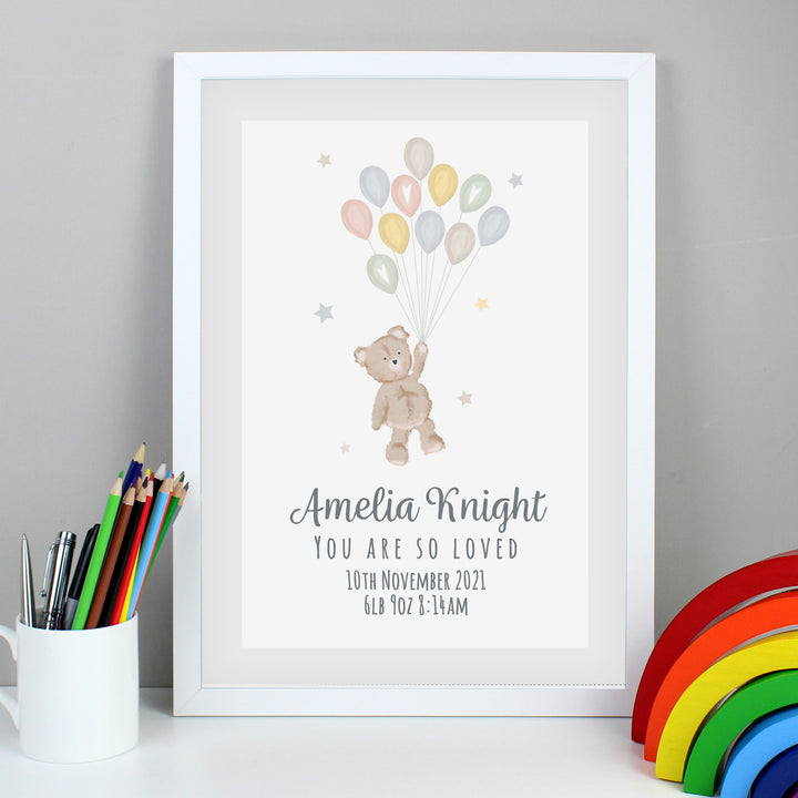 Buy Personalised Teddy & Balloons A3 White Framed Print at www.giftsfinder.co.uk