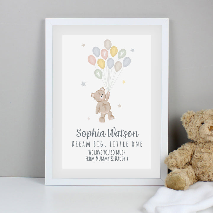 Buy Personalised Teddy & Balloons A3 White Framed Print at www.giftsfinder.co.uk