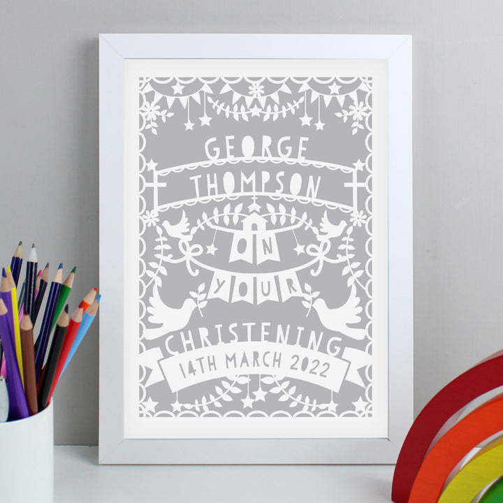 Buy Personalised Grey Papercut Style A4 White Framed Print at www.giftsfinder.co.uk