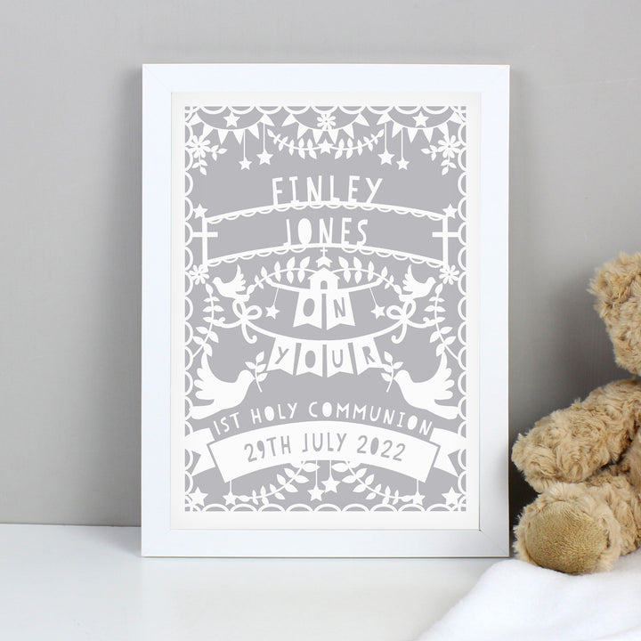 Buy Personalised Grey Papercut Style A4 White Framed Print at www.giftsfinder.co.uk