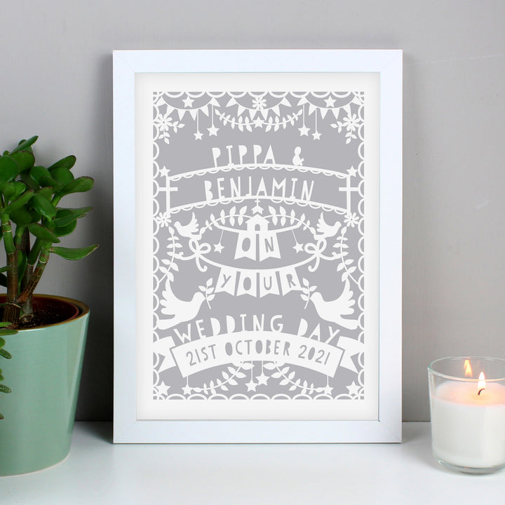 Buy Personalised Grey Papercut Style A4 White Framed Print at www.giftsfinder.co.uk