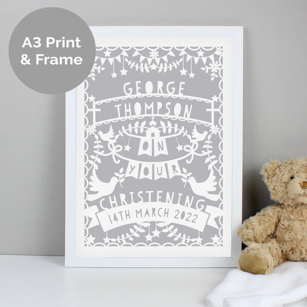 Buy Personalised Grey Papercut Style A3 White Framed Print at www.giftsfinder.co.uk