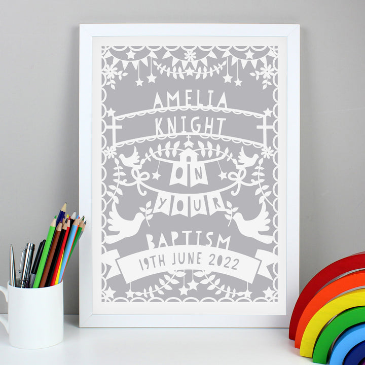 Buy Personalised Grey Papercut Style A3 White Framed Print at www.giftsfinder.co.uk