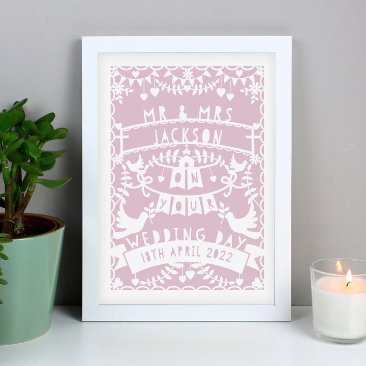 Buy Personalised Pink Papercut Style A4 White Framed Print at www.giftsfinder.co.uk