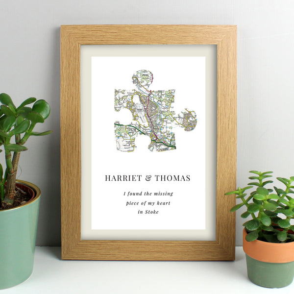 Buy Personalised Present Day Map Puzzle Piece A4 Oak Framed Print at www.giftsfinder.co.uk