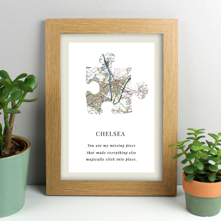 Buy Personalised Present Day Map Puzzle Piece A4 Oak Framed Print at www.giftsfinder.co.uk