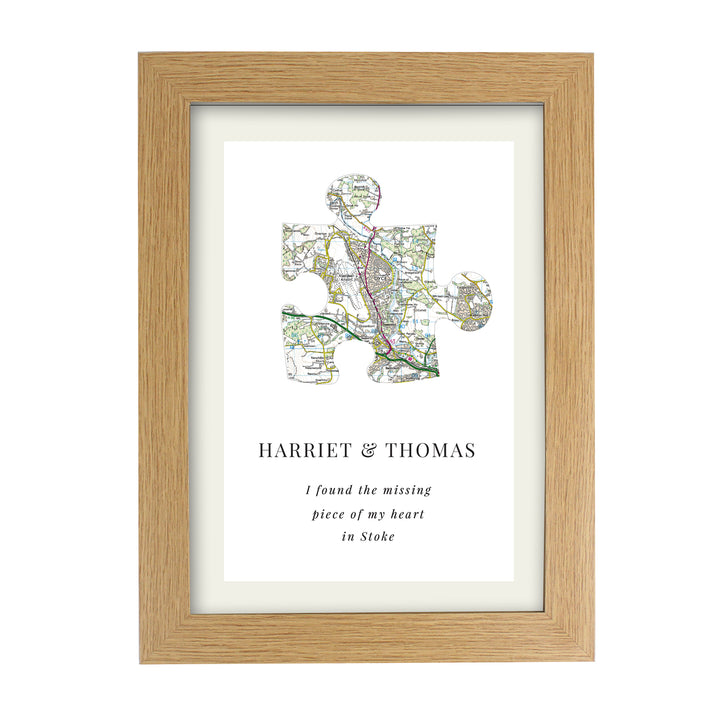 Buy Personalised Present Day Map Puzzle Piece A4 Oak Framed Print at www.giftsfinder.co.uk