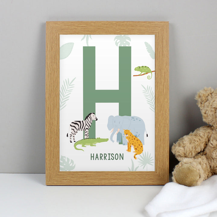 Personalised Safari Animals Initial A4 Oak Framed Print in gift category Personalised Framed Prints