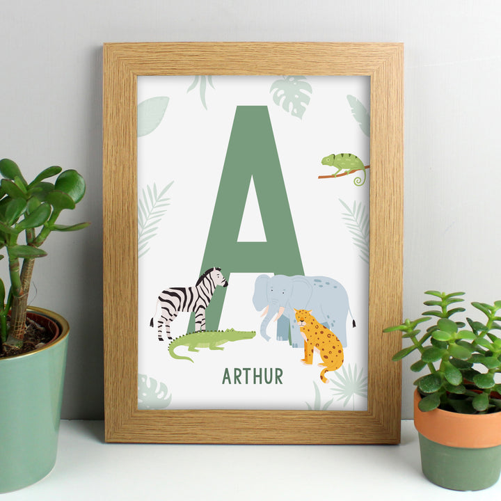 Personalised Safari Animals Initial A4 Oak Framed Print in gift category Personalised Framed Prints