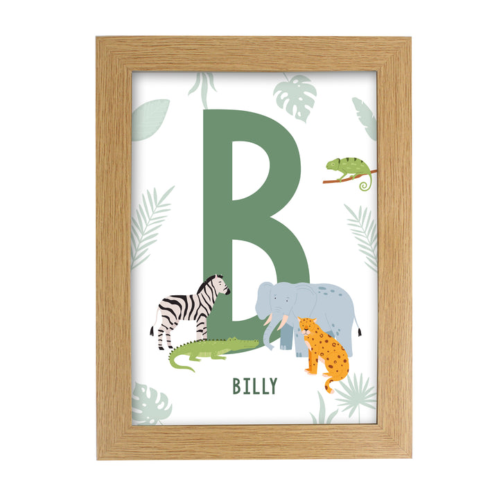 Personalised Safari Animals Initial A4 Oak Framed Print in gift category Personalised Framed Prints