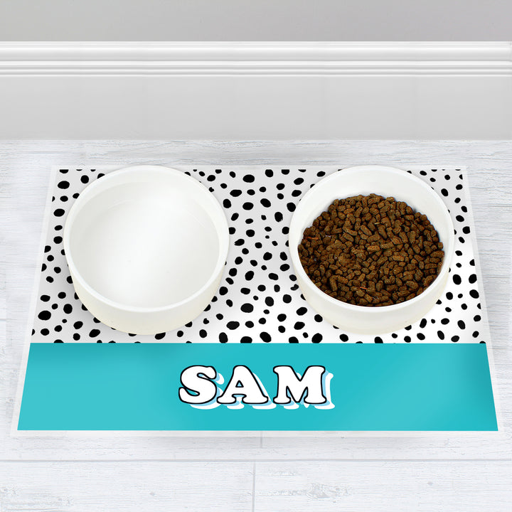 Buy Personalised Blue Spots Dog Placemat available now at www.giftsfinder.co.uk