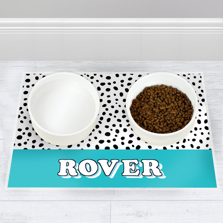 Buy Personalised Blue Spots Dog Placemat available now at www.giftsfinder.co.uk