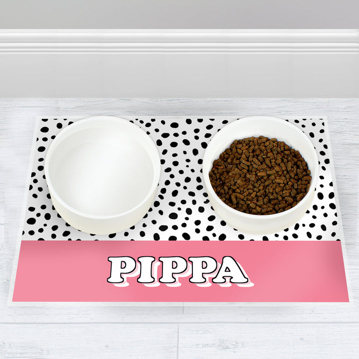 Buy Personalised Pink Spots Dog Placemat at www.giftsfinder.co.uk