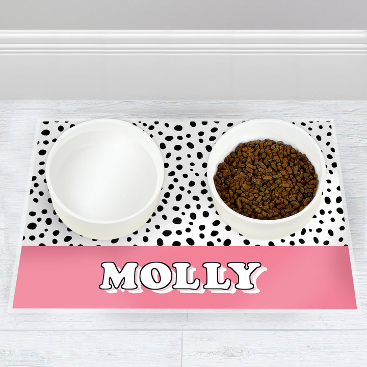 Buy Personalised Pink Spots Dog Pet Bowl Mat at www.giftsfinder.co.uk