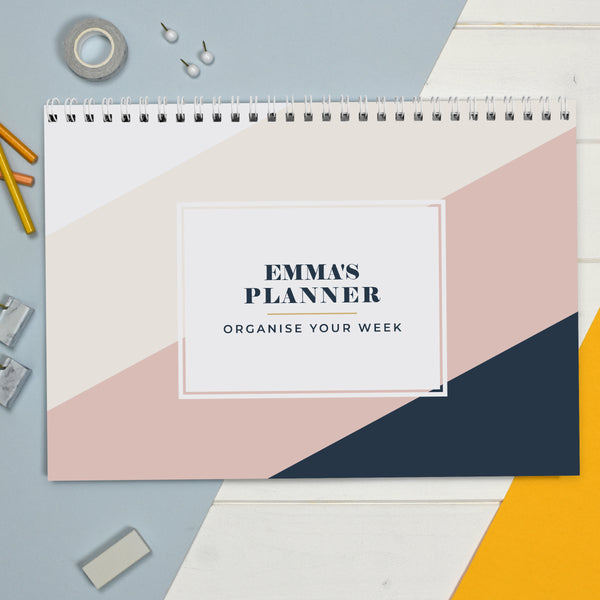 Buy Personalised Free Text Navy & Blush A4 Desk Planner available now at www.giftsfinder.co.uk