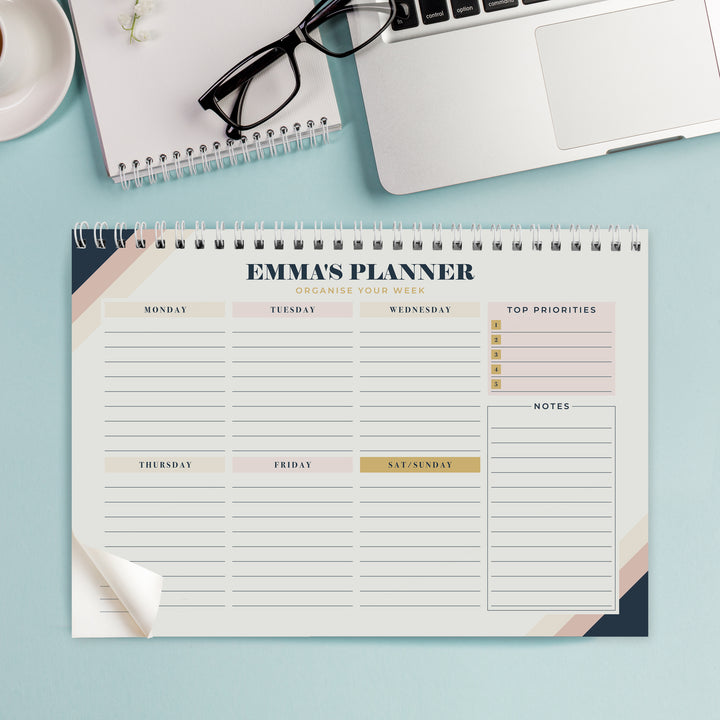 Buy Personalised Free Text Navy & Blush A4 Desk Planner available now at www.giftsfinder.co.uk