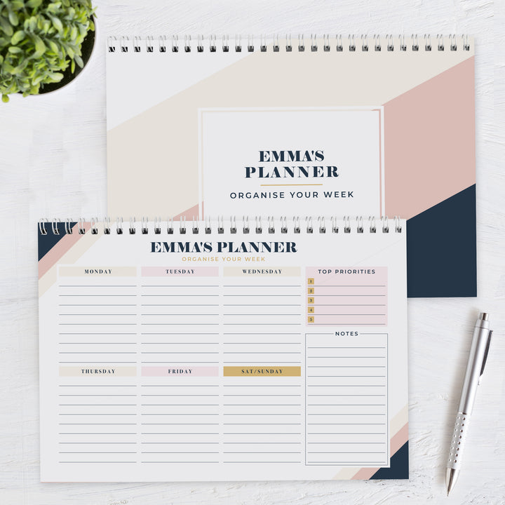 Buy Personalised Free Text Navy & Blush A4 Desk Planner available now at www.giftsfinder.co.uk