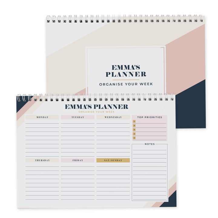 Buy Personalised Free Text Navy & Blush A4 Desk Planner available now at www.giftsfinder.co.uk