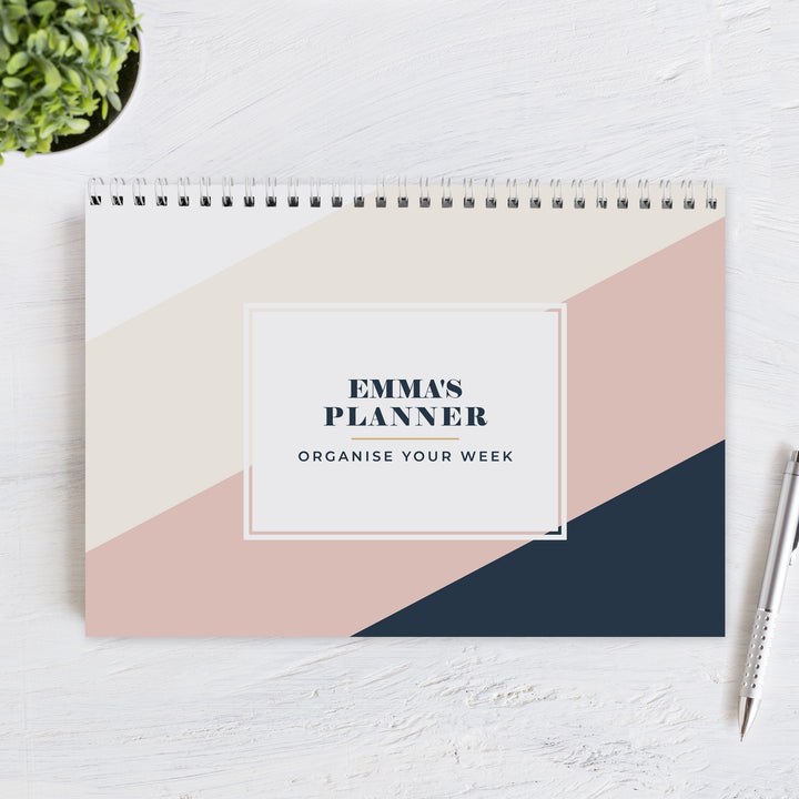 Buy Personalised Free Text Navy & Blush A4 Desk Planner available now at www.giftsfinder.co.uk