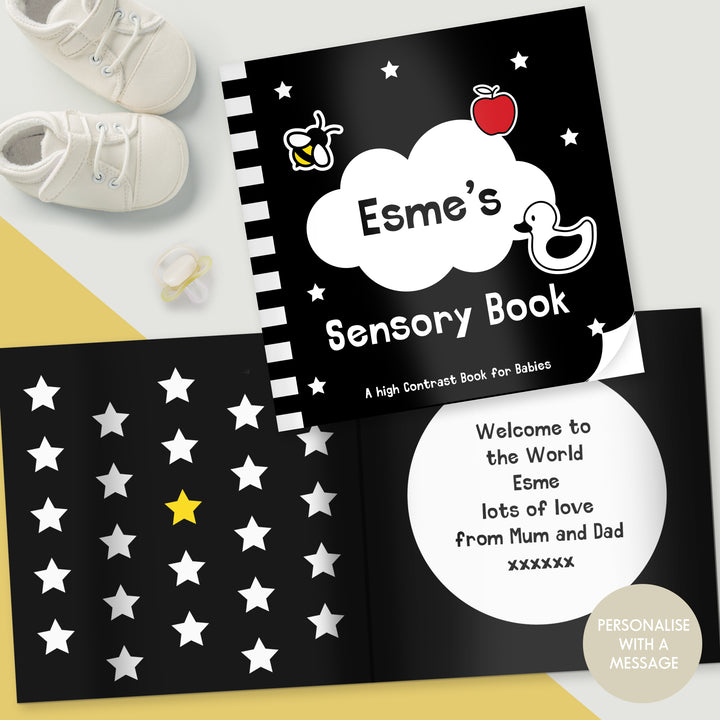 Buy Personalised High Contrast Black and White Baby Book available now at www.giftsfinder.co.uk