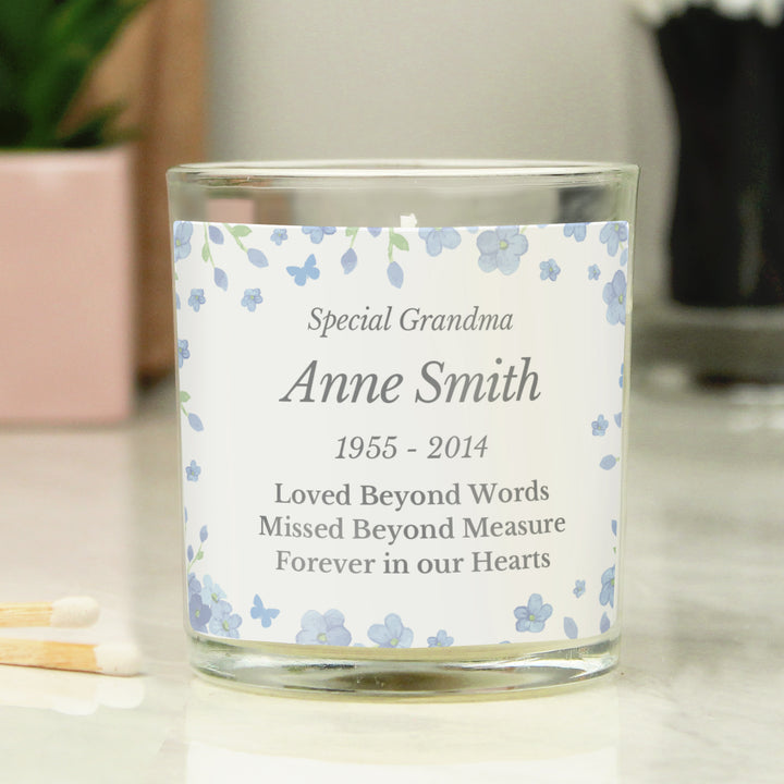 Buy Personalised Memorial Forget Me Not Candle Jar available now at www.giftsfinder.co.uk