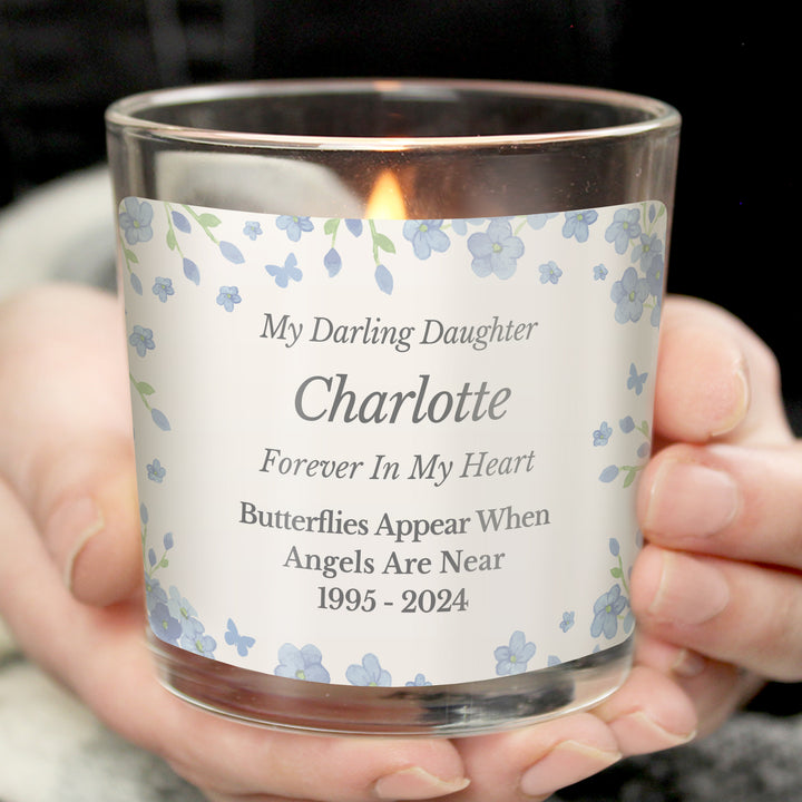 Buy Personalised Memorial Forget Me Not Candle Jar available now at www.giftsfinder.co.uk