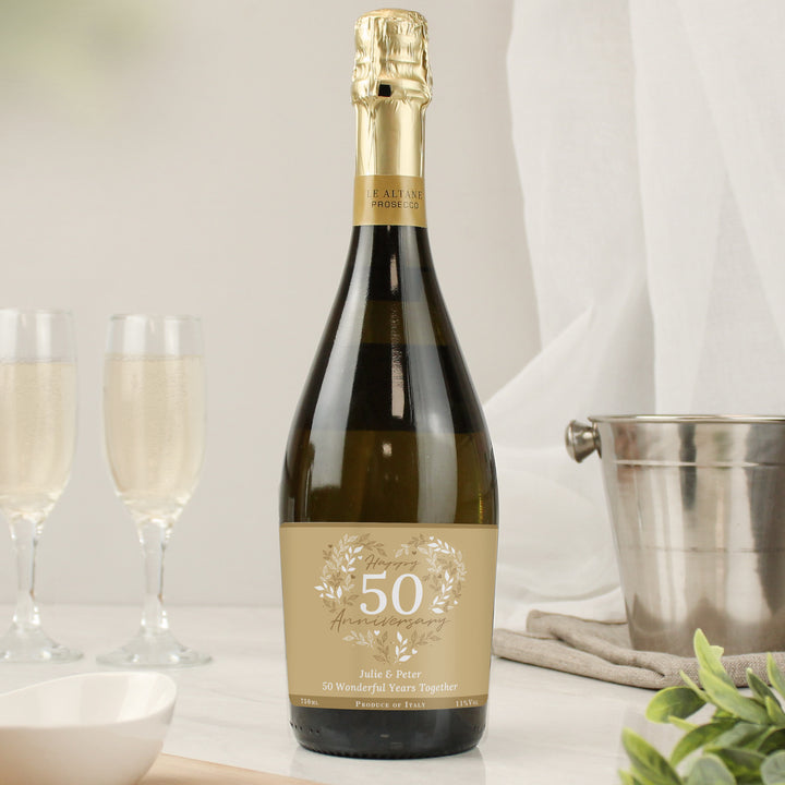 Buy Personalised 50th Golden Wedding Anniversary Prosecco available now at www.giftsfinder.co.uk