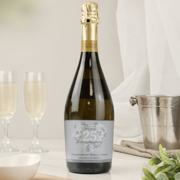 Buy Personalised 25th Silver Wedding Anniversary Prosecco available now at www.giftsfinder.co.uk